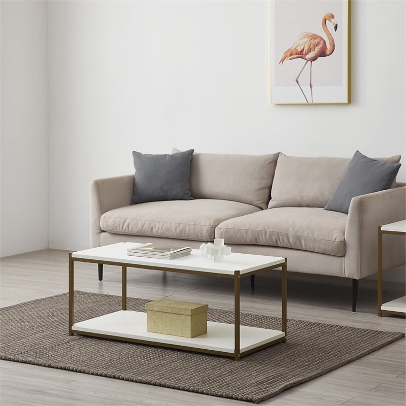 Caffoz Tall Wood/Metal Center Coffee Table with Storage Shelf in White/Gold