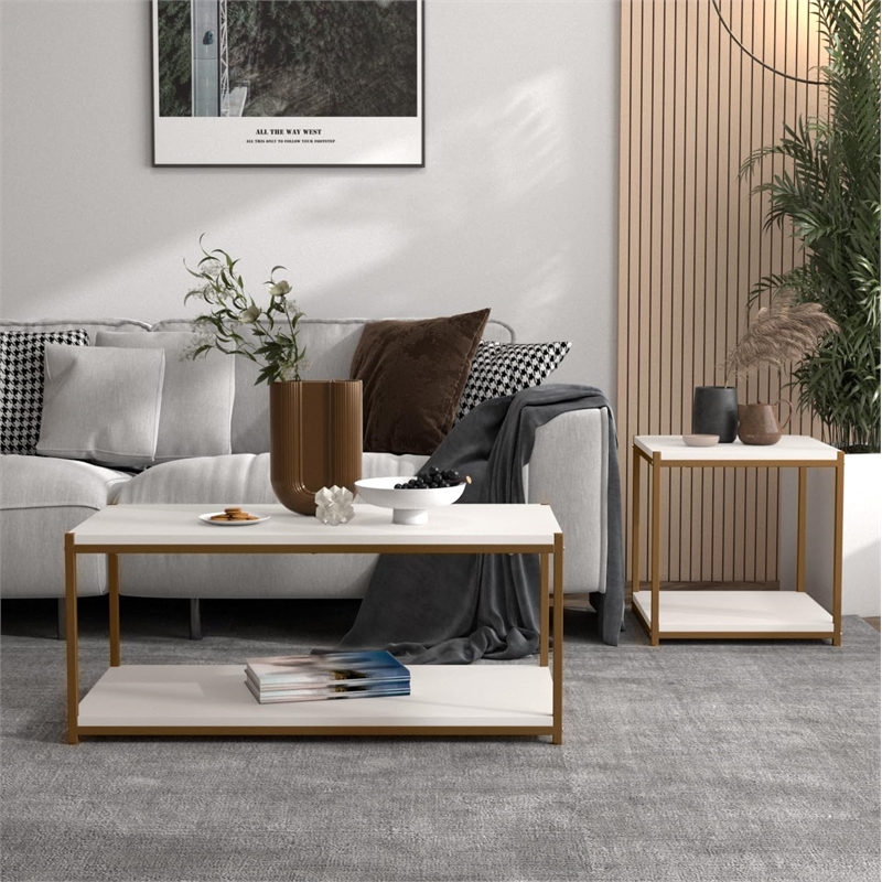 Caffoz Tall Wood/Metal Center Coffee Table with Storage Shelf in White/Gold