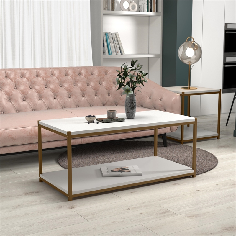 Caffoz Tall Wood/Metal Center Coffee Table with Storage Shelf in White/Gold