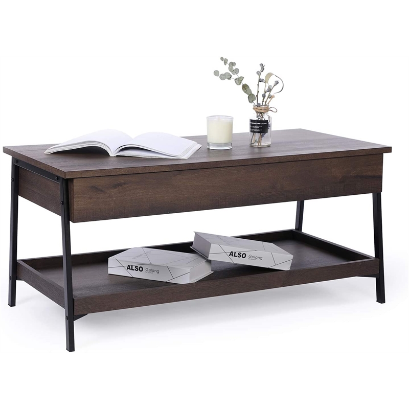 Caffoz Smith 2-Tier Wood Accent Cocktail Table with Hidden Storage in Oak