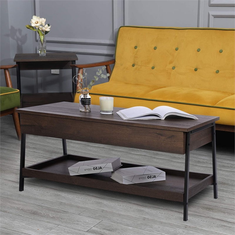 Caffoz Smith 2-Tier Wood Accent Cocktail Table with Hidden Storage in Oak