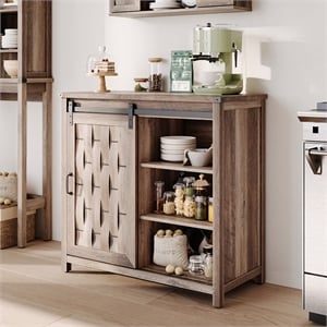 Farmhouse Coffee Bar Cabinet Light Brown Barn Door Adjustable Shelves