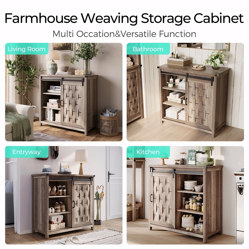 Farmhouse Coffee Bar Cabinet Light Brown Barn Door Adjustable Shelves
