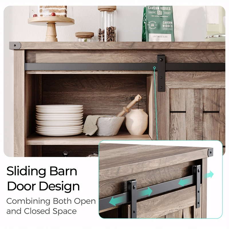 Farmhouse Coffee Bar Cabinet Light Brown Barn Door Adjustable Shelves