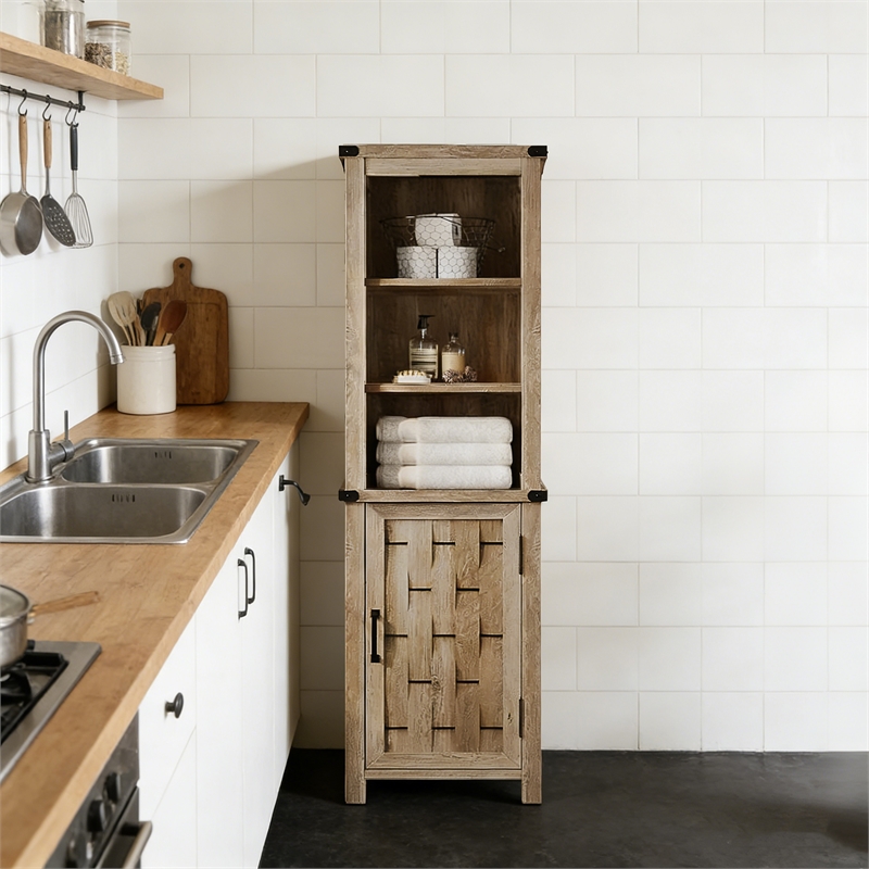 Narrow Farmhouse Cabinet Light Brown Corner Adjustable Shelves Door