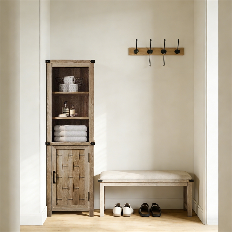 Narrow Farmhouse Cabinet Light Brown Corner Adjustable Shelves Door