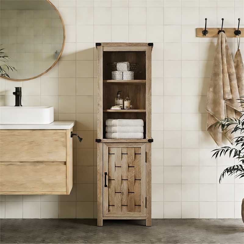 Narrow Farmhouse Cabinet Light Brown Corner Adjustable Shelves Door