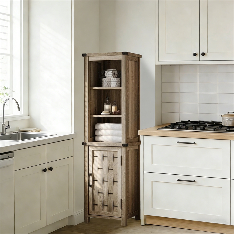 Narrow Farmhouse Cabinet Light Brown Corner Adjustable Shelves Door