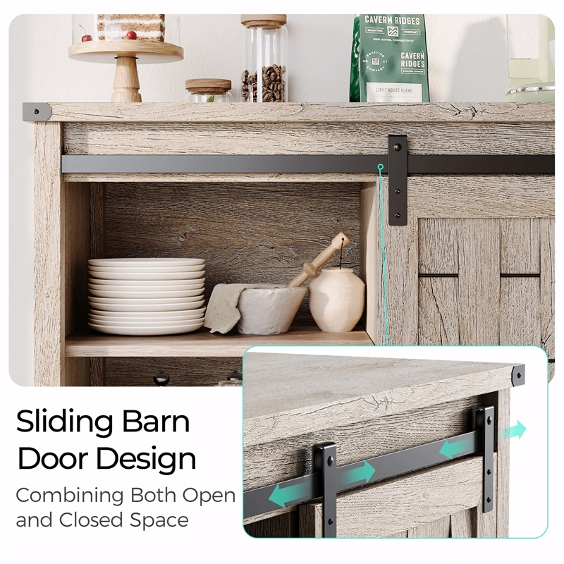 Farmhouse Coffee Bar Cabinet Light Gray Barn Door Adjustable Shelves