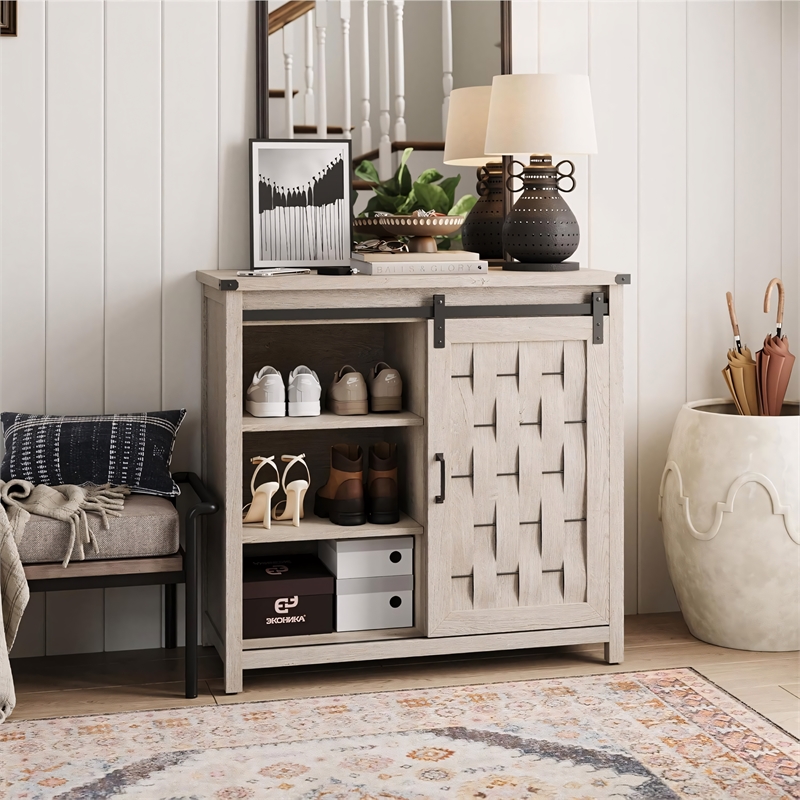 Farmhouse Coffee Bar Cabinet Light Gray Barn Door Adjustable Shelves
