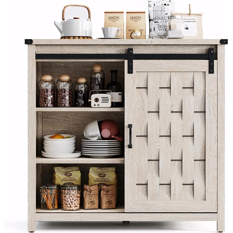 Farmhouse Coffee Bar Cabinet Light Gray Barn Door Adjustable Shelves