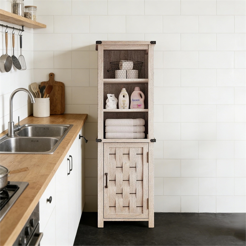 Narrow Farmhouse Cabinet Light Gray Corner Adjustable Shelves Door