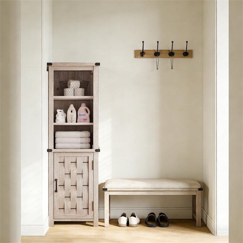 Narrow Farmhouse Cabinet Light Gray Corner Adjustable Shelves Door