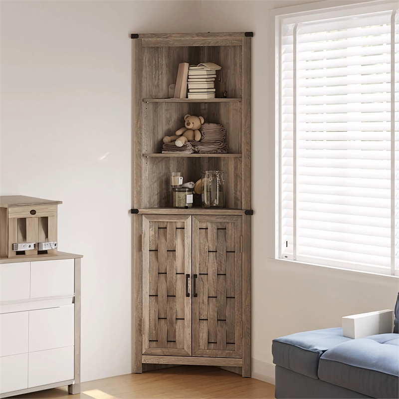 Narrow Farmhouse Cabinet Light Brown Corner Adjustable Shelves Door