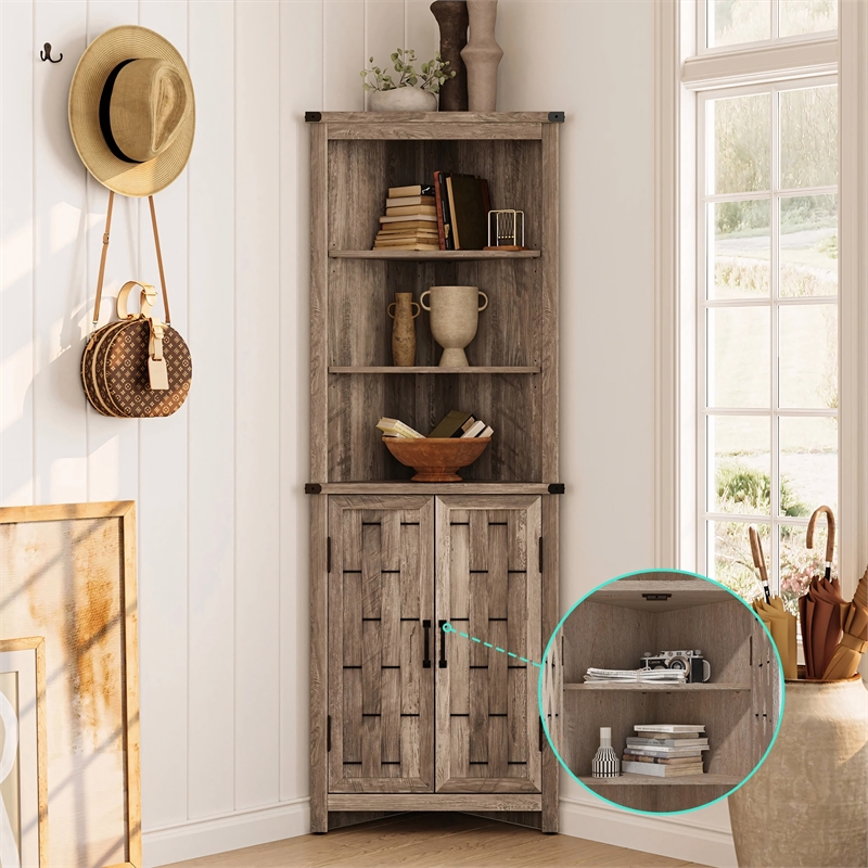Narrow Farmhouse Cabinet Light Brown Corner Adjustable Shelves Door