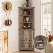 Narrow Farmhouse Cabinet Light Brown Corner Adjustable Shelves Door