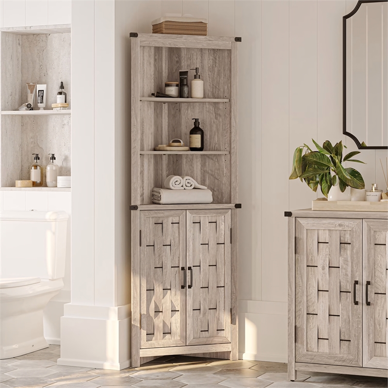 Tall Narrow Farmhouse Cabinet Light Gray Corner Adjustable Shelves Door
