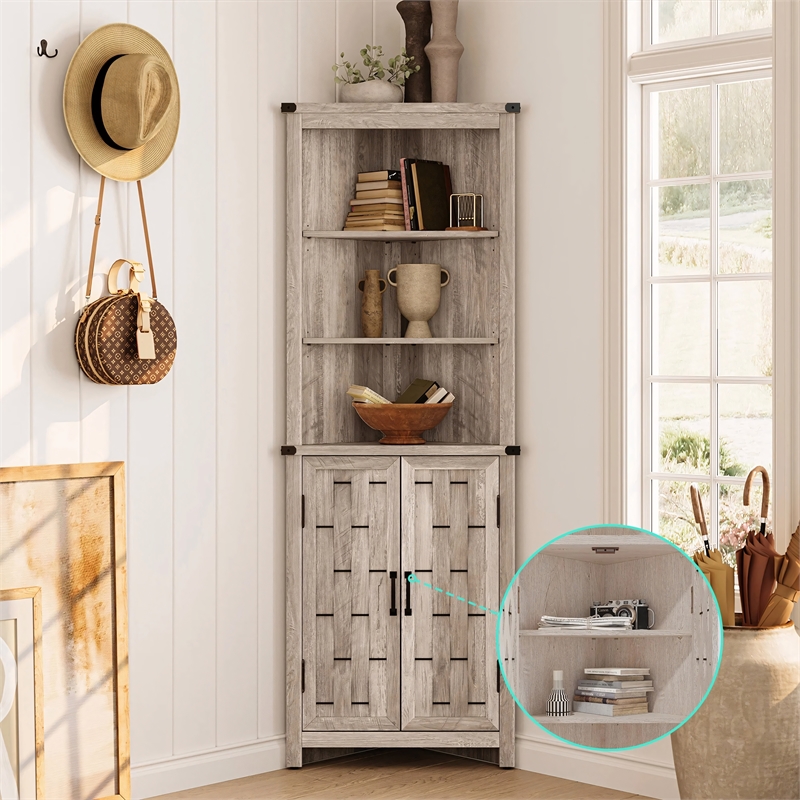 Tall Narrow Farmhouse Cabinet Light Gray Corner Adjustable Shelves Door
