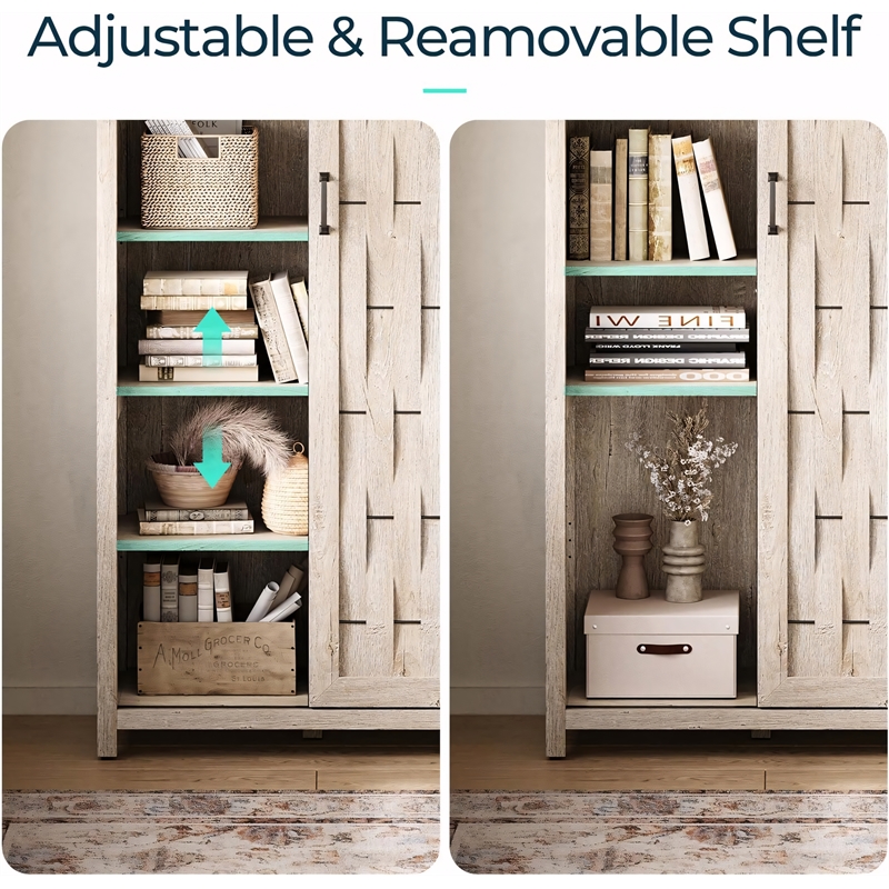 Farmhouse Bookcase 5 Adjustable Shelves Doors Living Room/Home Office