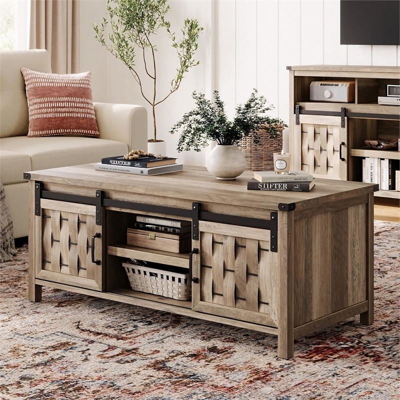Farmhouse Coffee Table 47 Inch Sliding Barn Doors Adjustable Shelves Living Room