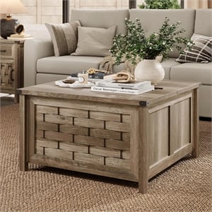 Square Farmhouse Coffee Table Light Brown Hidden Storage Compartment