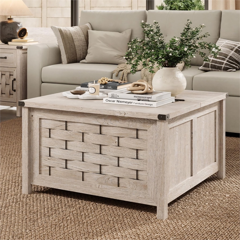 Square Farmhouse Coffee Table Light Gray Hidden Storage Compartment