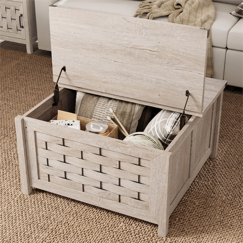 Square Farmhouse Coffee Table Light Gray Hidden Storage Compartment