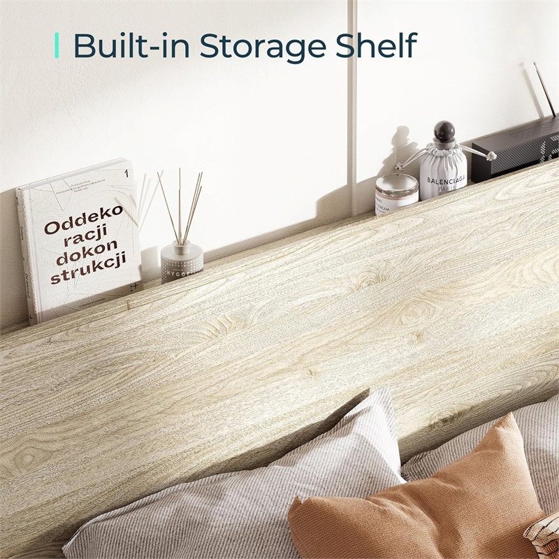 Ergonomic Full Bed Brown Storage Shelf LED Lights USB Charging
