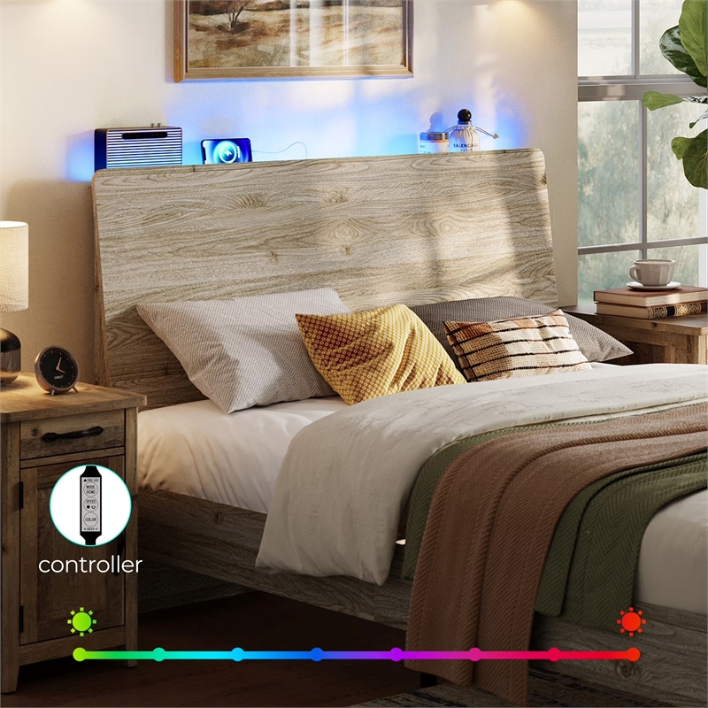 Ergonomic Full Bed Brown Storage Shelf LED Lights USB Charging
