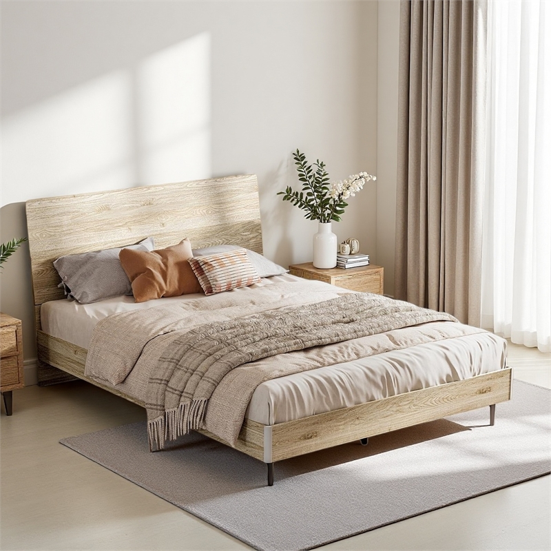 Ergonomic Queen Bed Beige Storage Shelf LED Lights USB Charging