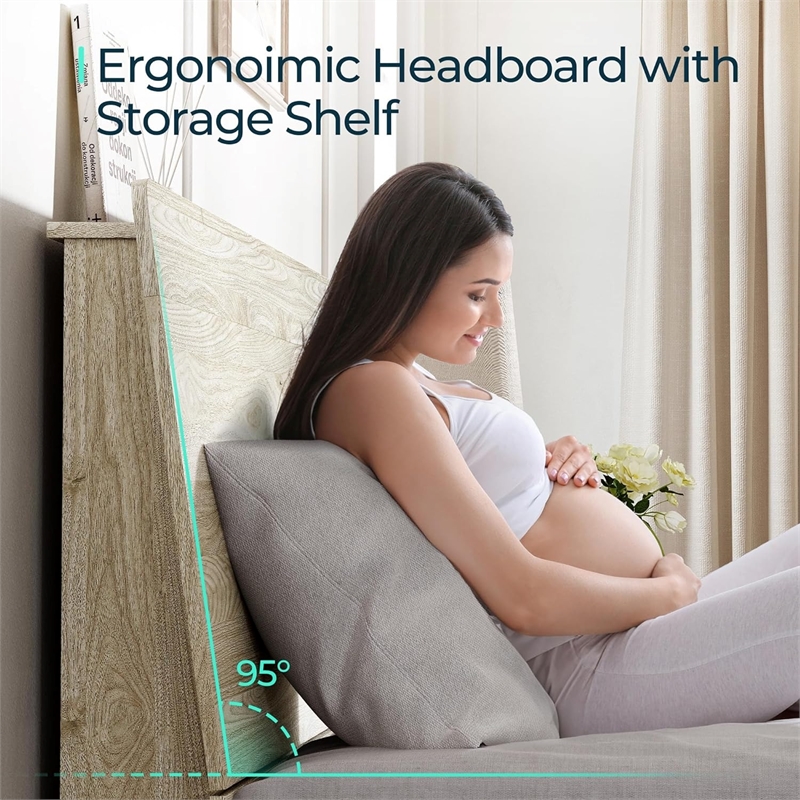 Ergonomic Queen Bed Beige Storage Shelf LED Lights USB Charging