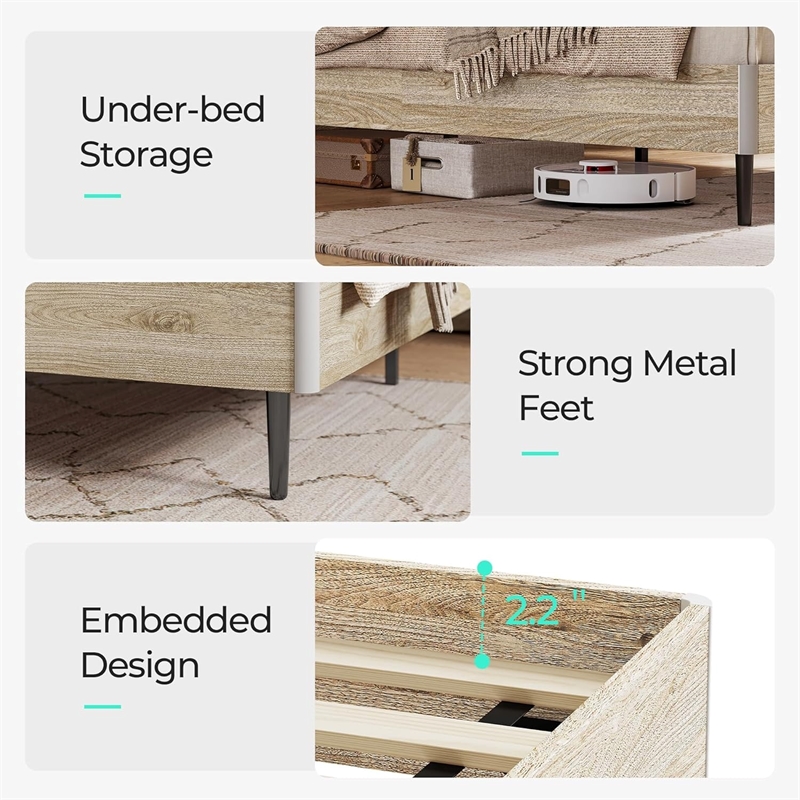 Ergonomic Queen Bed Beige Storage Shelf LED Lights USB Charging