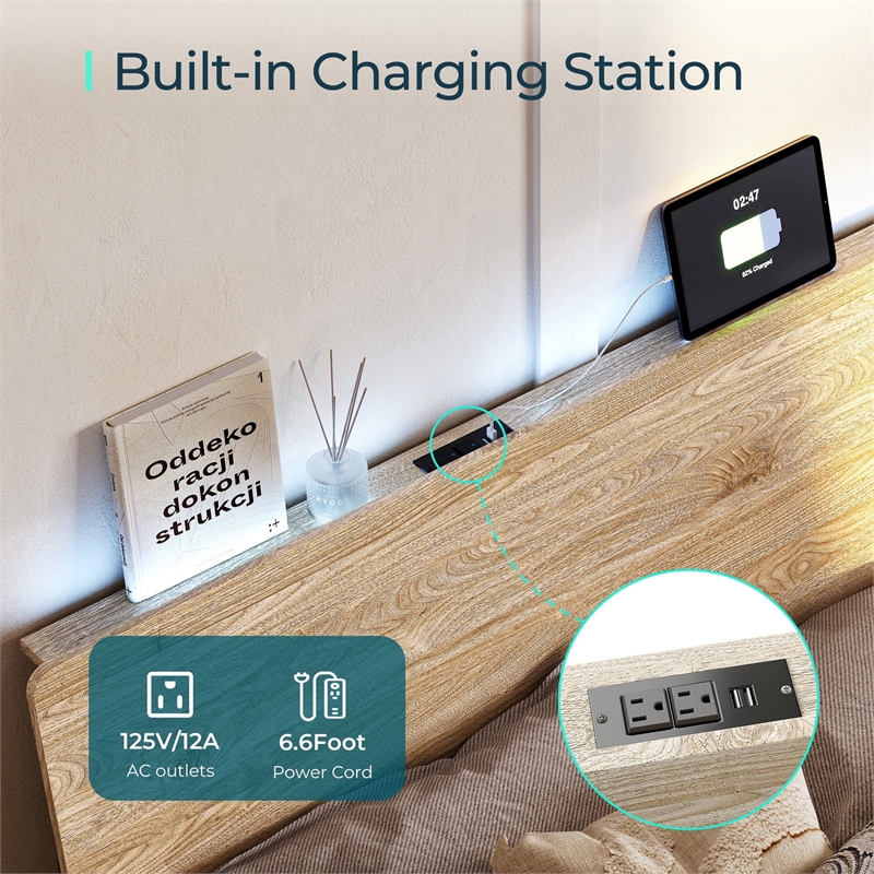 Ergonomic Queen Bed Beige Storage Shelf LED Lights USB Charging