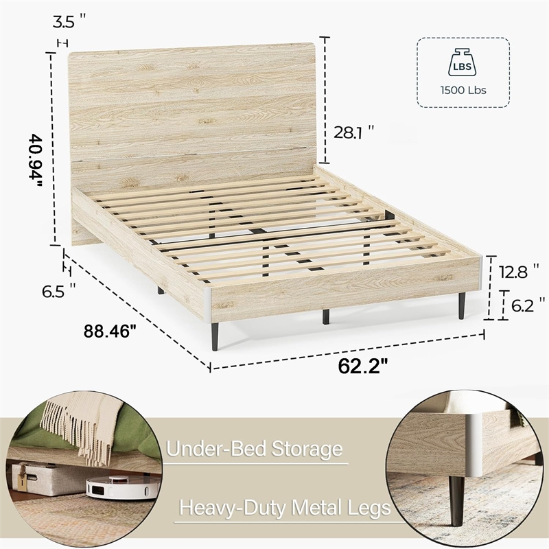 Ergonomic Queen Bed Beige Storage Shelf LED Lights USB Charging