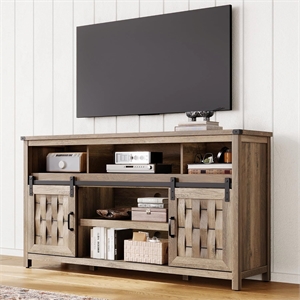 Tall Farmhouse TV Stand 70&quot Light Brown Barn Door Storage Shelves