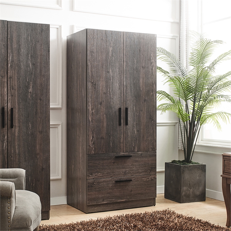 Klair Living Brook 2-door Wood Closet w/2-Drawers & Hanging Bars in Dark Brown