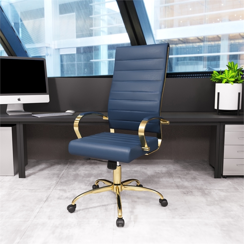 UrbanPro Modern Faux Leather/Steel High-Back Office Chair in Navy Blue/Gold