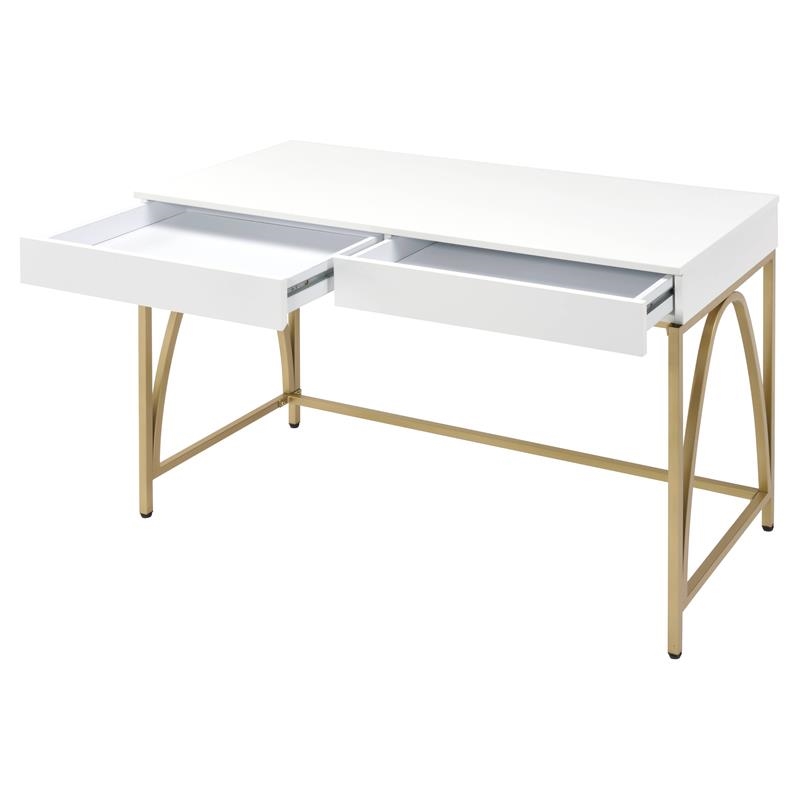 UrbanPro Contemporary Wood Writing Desk in White High Gloss/Gold