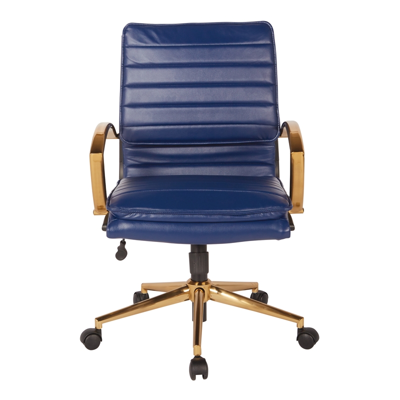 Worksmart Faux Leather Navy Chair Gold Finish Mid-Back Adjustable 23.25