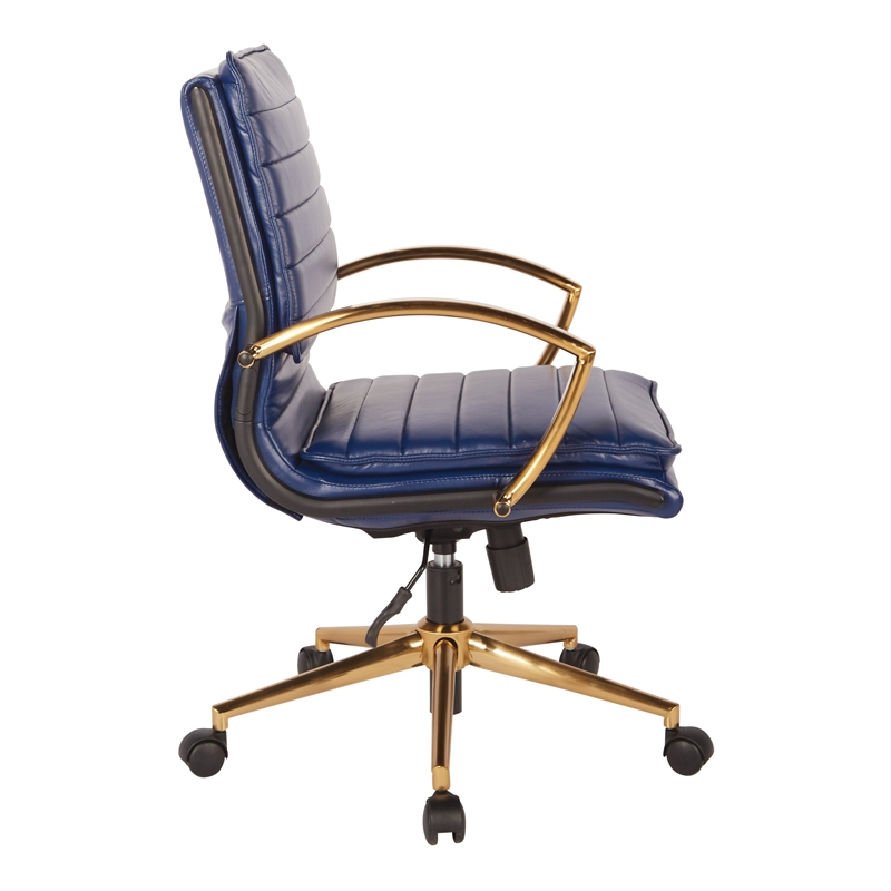 Worksmart Faux Leather Navy Chair Gold Finish Mid-Back Adjustable 23.25