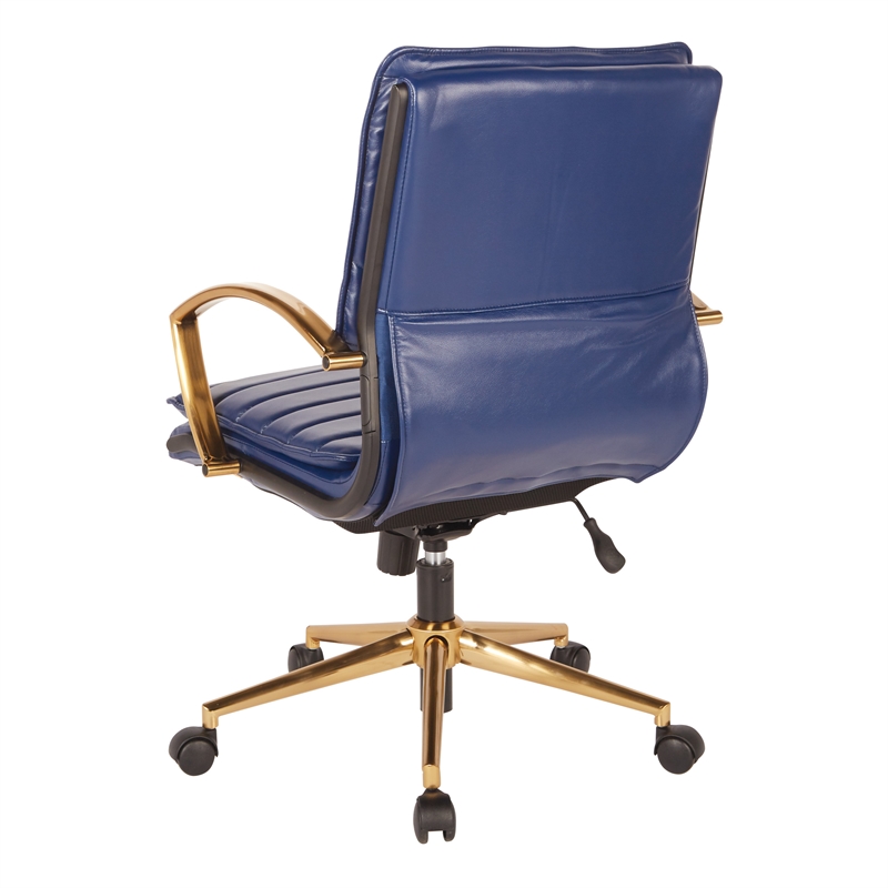 Worksmart Faux Leather Navy Chair Gold Finish Mid-Back Adjustable 23.25