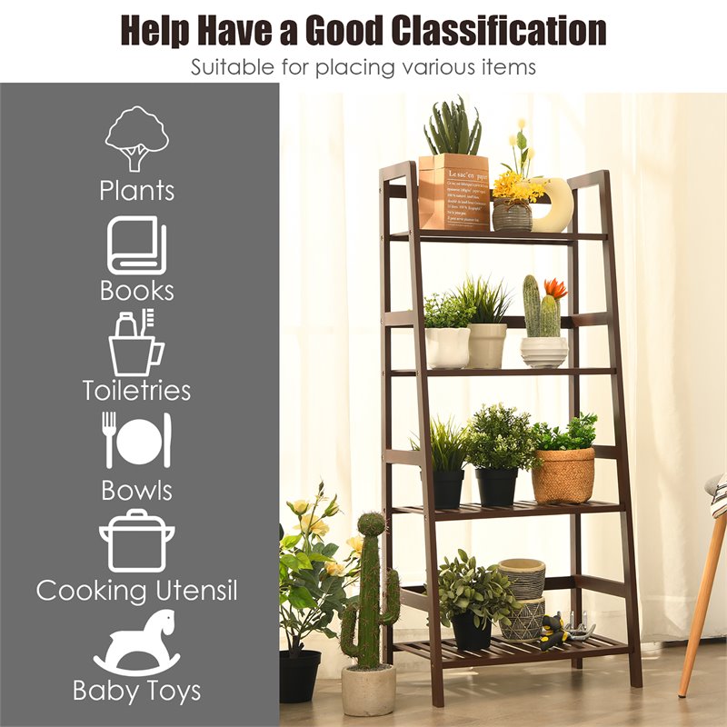 Urbanpro 4-Tier Bamboo Ladder Shelf Plant Display Stand Rack Bookshelf in Brown