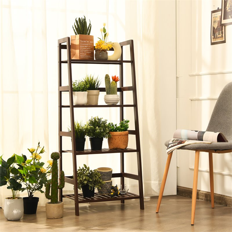 Urbanpro 4-Tier Bamboo Ladder Shelf Plant Display Stand Rack Bookshelf in Brown