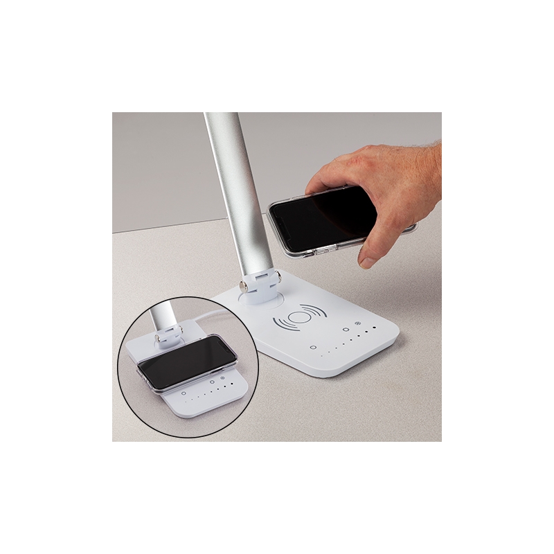 UrbanPro Modern LED Lamp with Wireless Charging Pad & USB Port in Silver