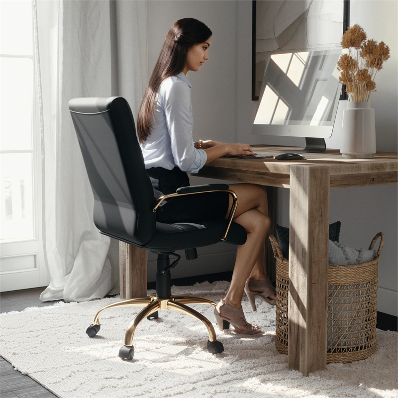 UrbanPro Traditional Mid Back Leather Office Swivel Chair in Black and Gold