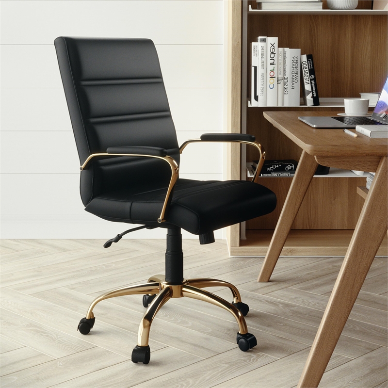 UrbanPro Traditional Mid Back Leather Office Swivel Chair in Black and Gold