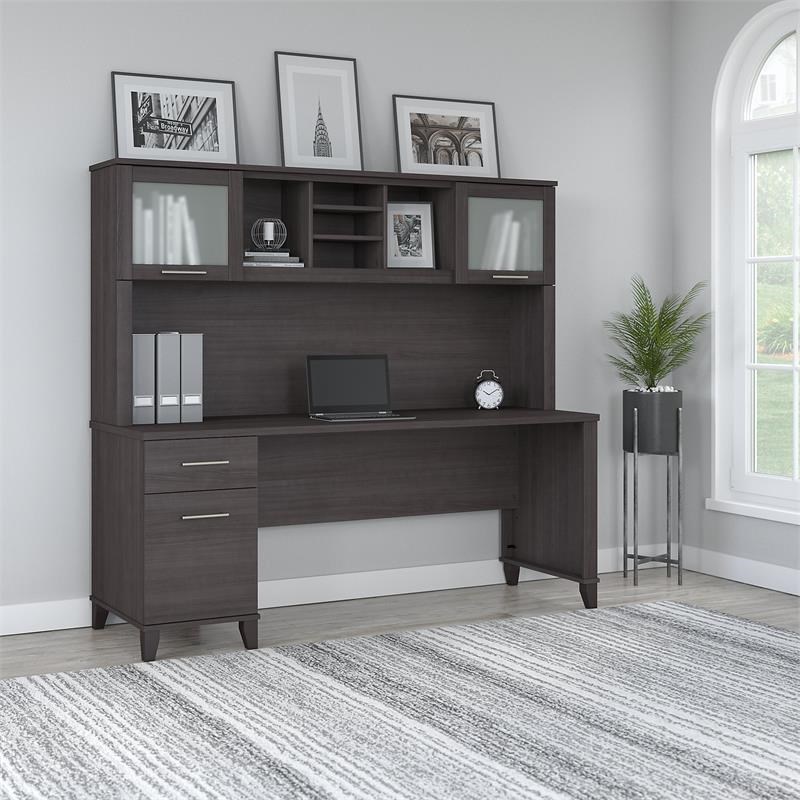 UrbanPro Transitional 72W Office Desk with Drawers and Hutch in Storm Gray