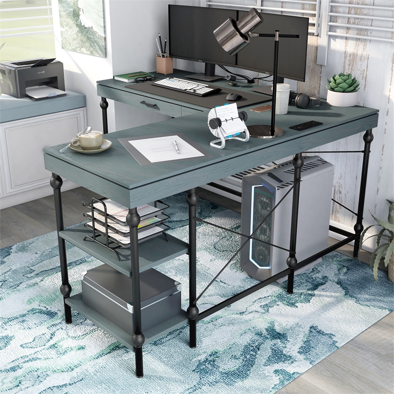 Urbanpro Farmhouse L-shaped Wooden Desk in Antique Blue Finish