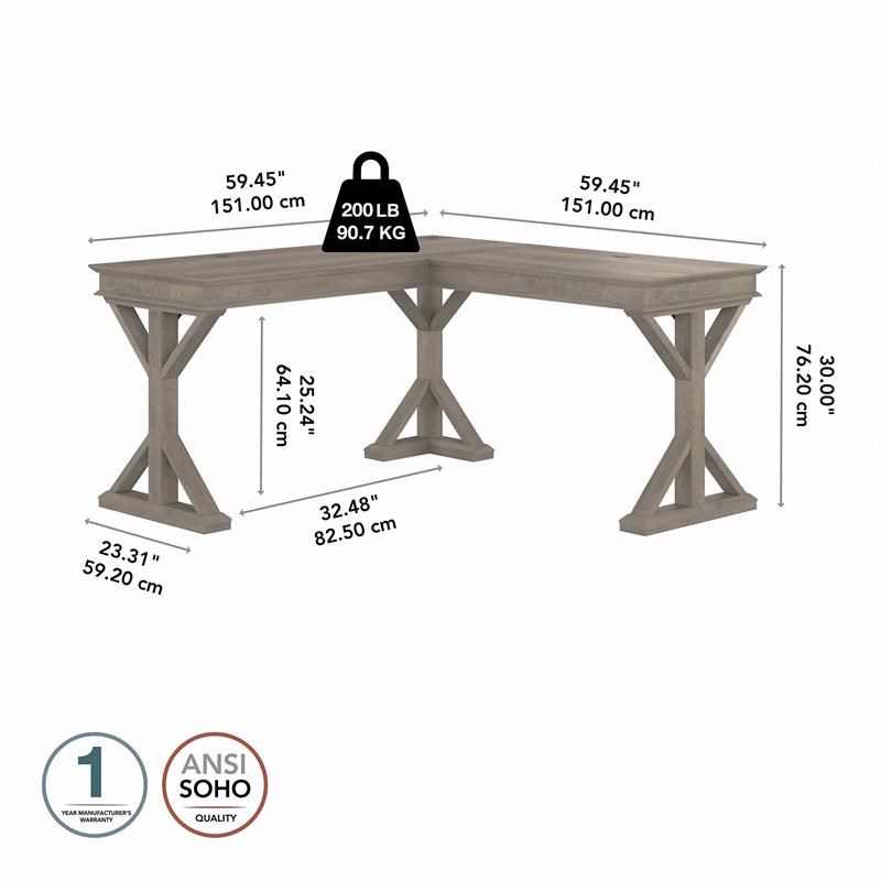 UrbanPro 60W Farmhouse L Shaped Desk in Driftwood Gray - Engineered Wood