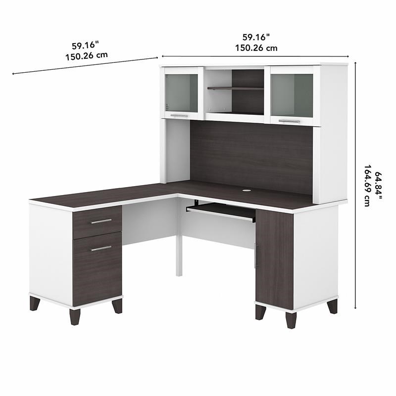 UrbanPro 60W L Shaped Desk with Hutch in White and Storm Gray - Engineered Wood